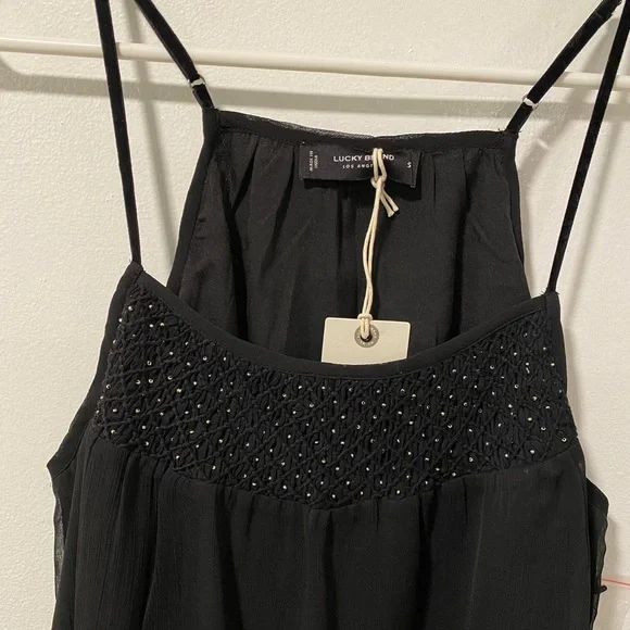 Lucky Brand smocked cami NWT black beaded tank top velvet straps Size Small - Picture 6 of 10